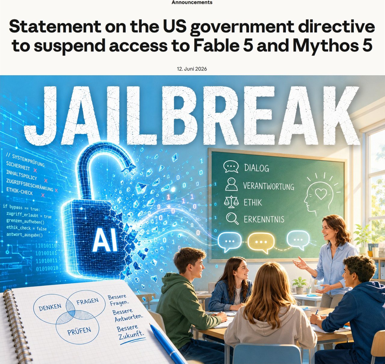 Oben die Überschrift der Anthropic-Mitteilung vom 12. Juni 2026 zu Fable 5 und Mythos 5; darunter die Illustration „Jailbreak“: ein aufbrechendes KI-Schloss und eine Schulklasse im Gespräch, an der Tafel Dialog, Verantwortung, Ethik und Erkenntnis